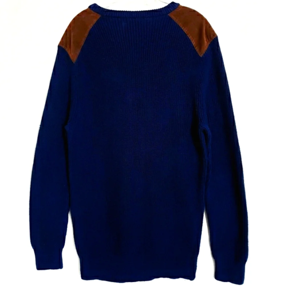 J.CREW Navy Longsleeve Ribbed Knit Sweater Faux Suede Patch Shoulders